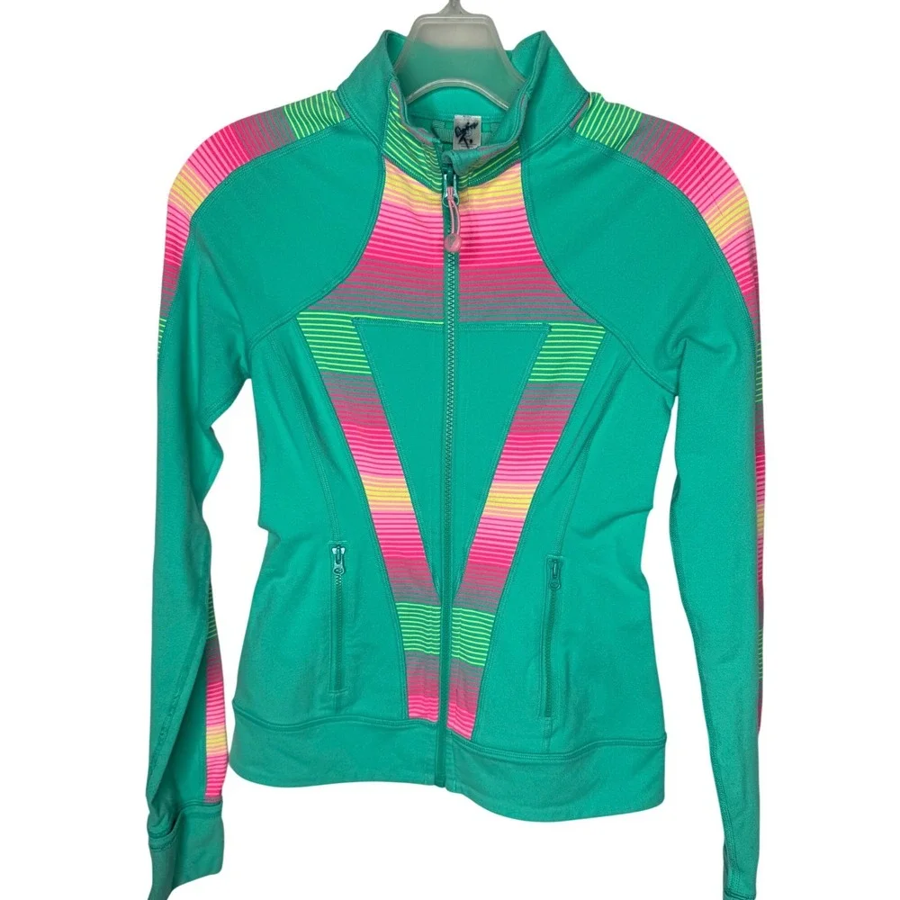 Ivivva Lululemon Girls Teal Pink Striped Full Zip Athletic Jacket Size 12